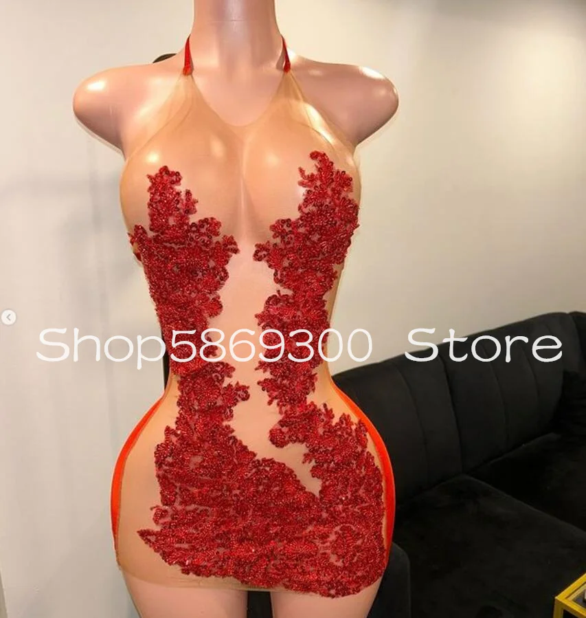 Red Sparkly Mini Evening Cocktail Dresses for Black Girl 2025 Sheer Mesh Luxury Crystal Backless Birhtday Gala Gown Customsized