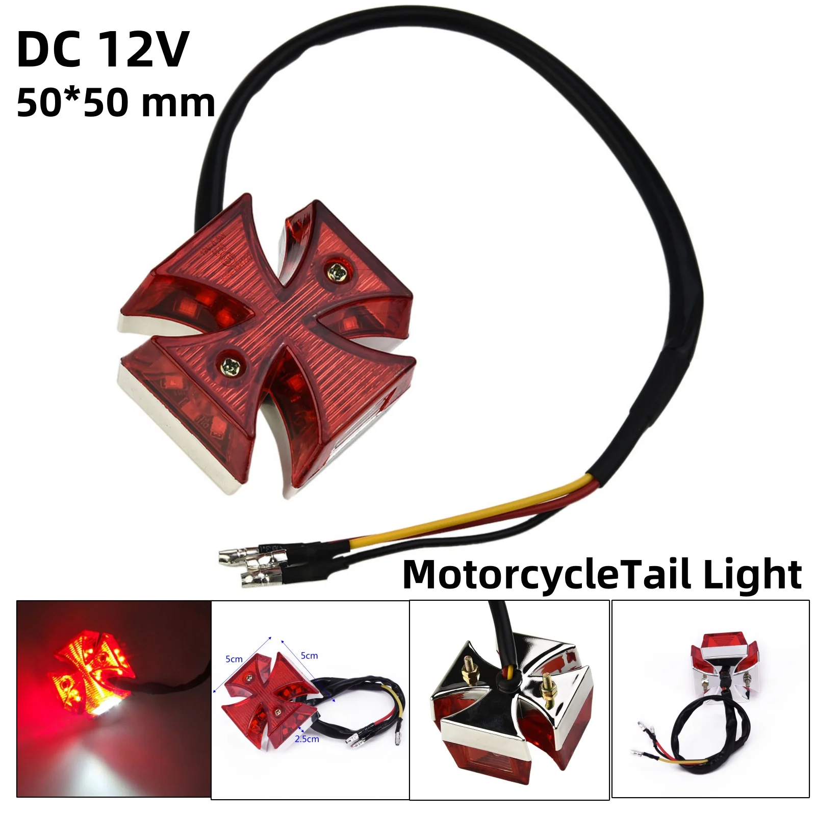 DC12V Motorcycle Tail Light Chrome ABS Surround Red Lens Classic Maltese Cross Shape Brake Running Light License Plate Light