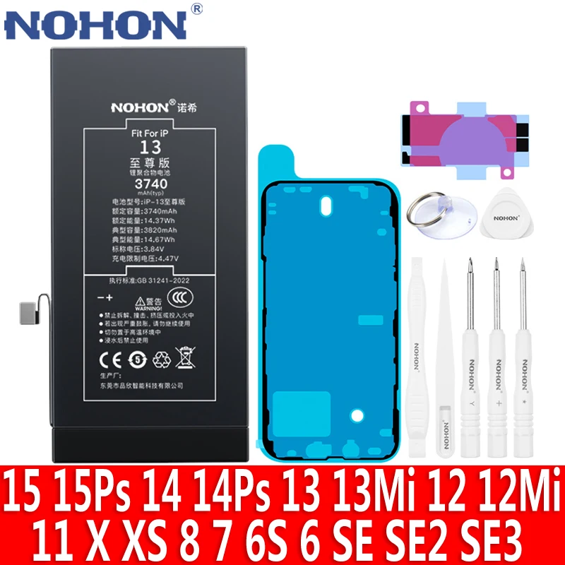 Batterie NOHON pour iPhone 13 Mini 12 15 Plus 14XXS 11 8 7 6S 6 SE3 SE2 SE 2022 2020 2016 batterie au Lithium polyner haute capacité