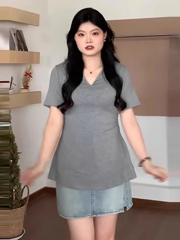 Slimming Flip-Collar plus Size Women's T-Shirt Korean Style Commute Fashion Polyester Short Sleeve Slim Fit Polyester Fiber