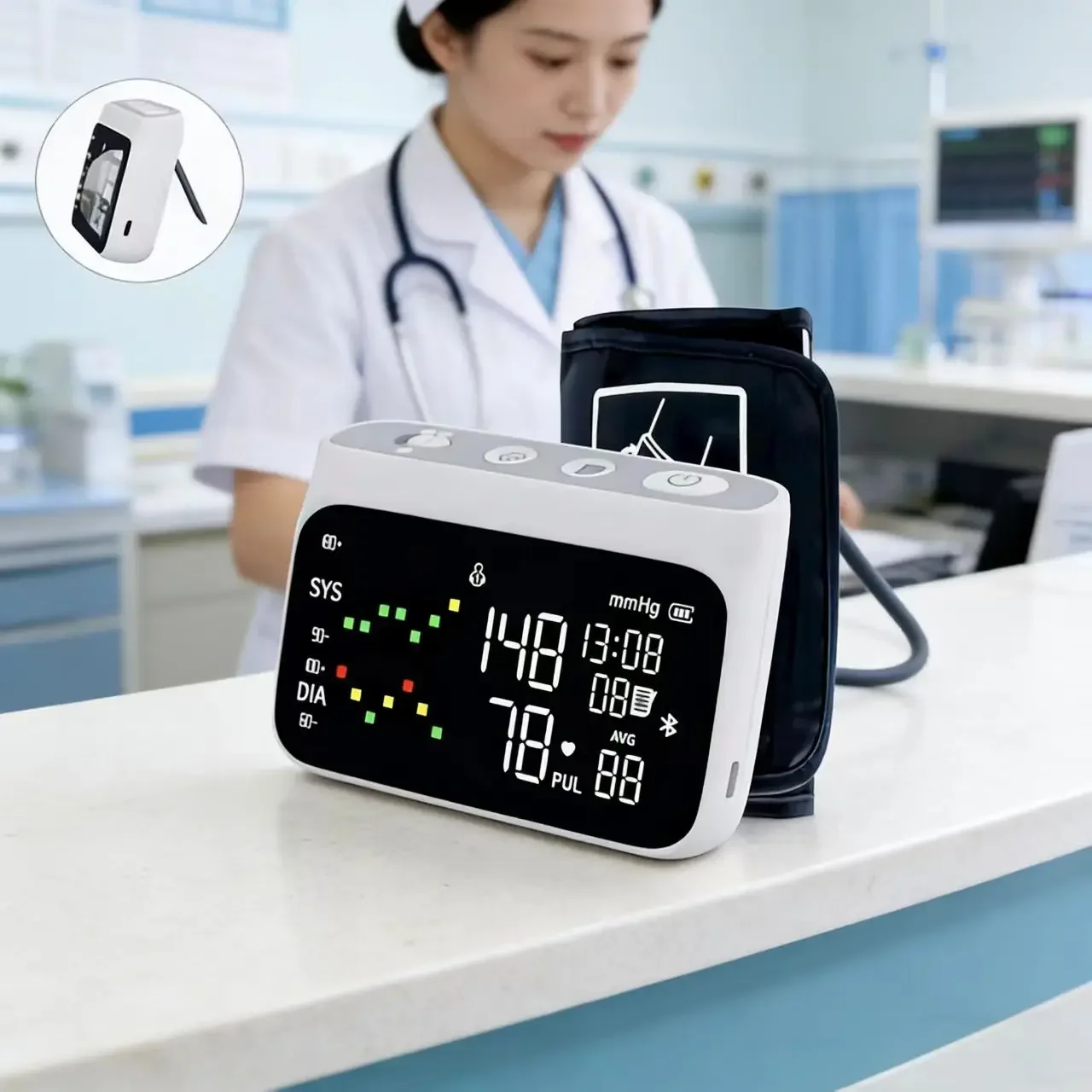 Tensiómetro de Brazo con Soporte, Medidor de Presión Arterial Digital Automático, Dispositivo Portátil de Monitoreo de Salud para el Hogar