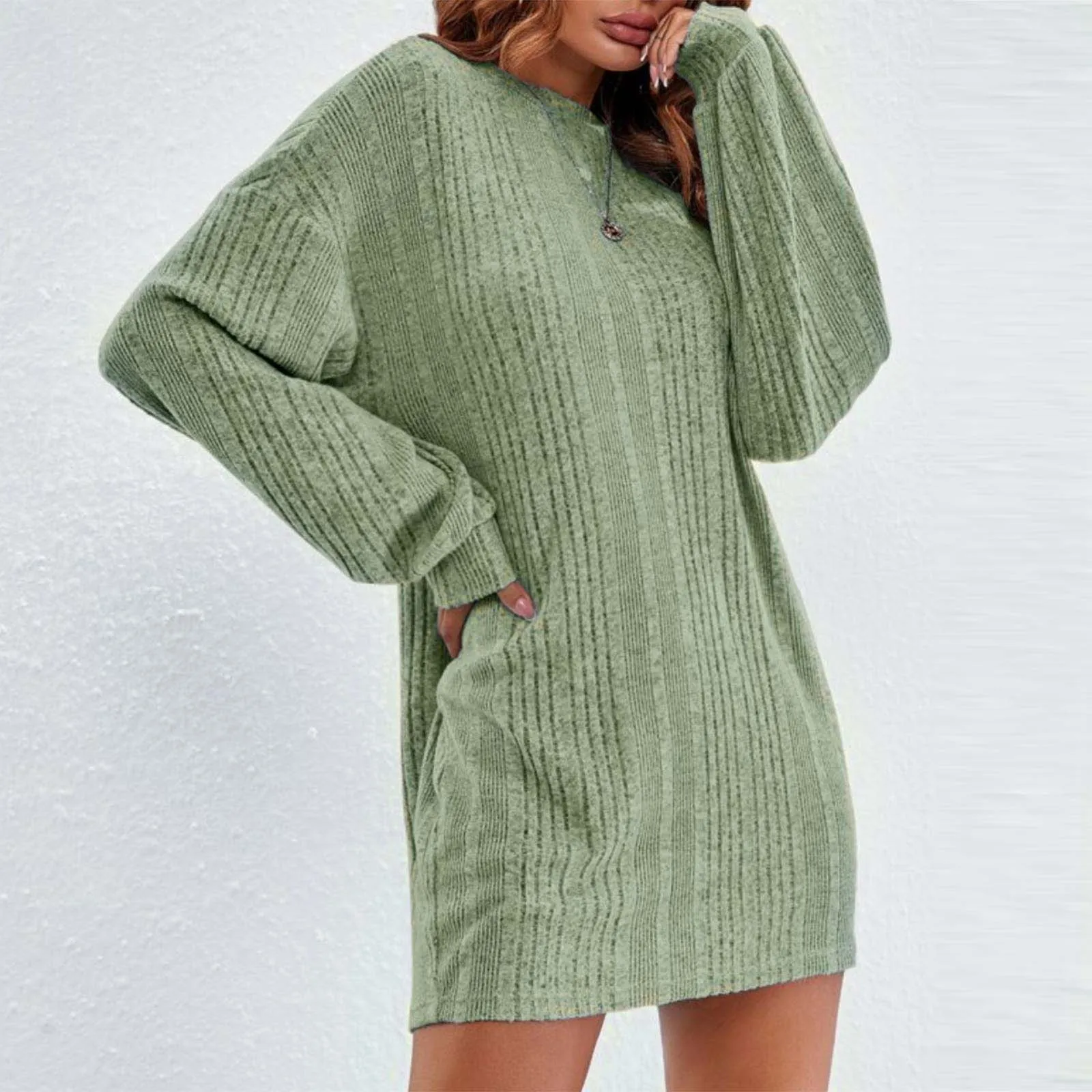 

Women'S Solid Color Short Hip Dress Round Neck Long Sleeve Loose Comfortable Knitted Dress Fashion Elegant Temperament Pullover