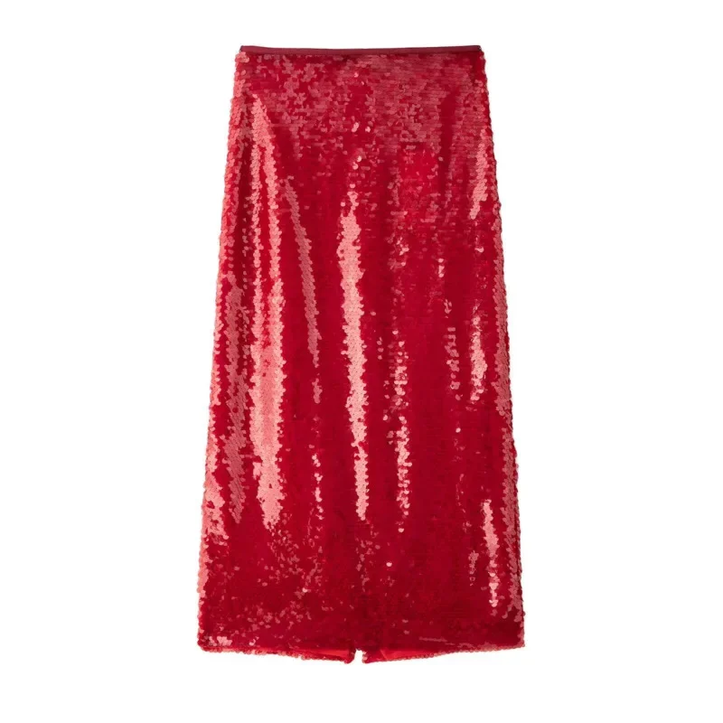 High Waist Bead Embellishment Long Skirt Women Red Sequins Slim Fit Slit Simple Temperament Midi Skirts Lady Elegant Party Skirt