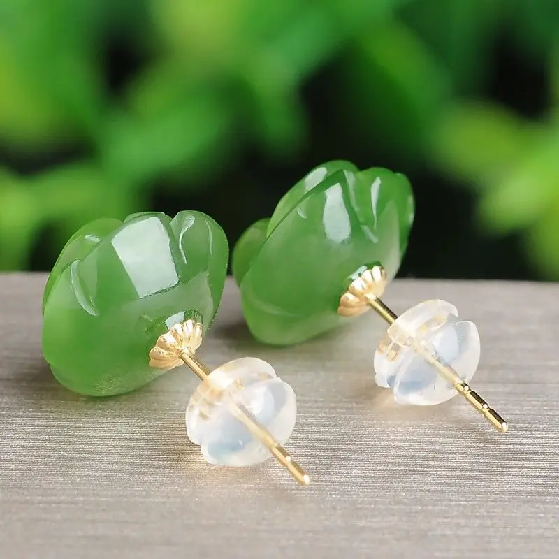 Wholesale Genuine Hetian Jade Green Jade Rose Flower Stud Earrings Grandmother Green Jade Earrings Female Inlaid Fashion Gift