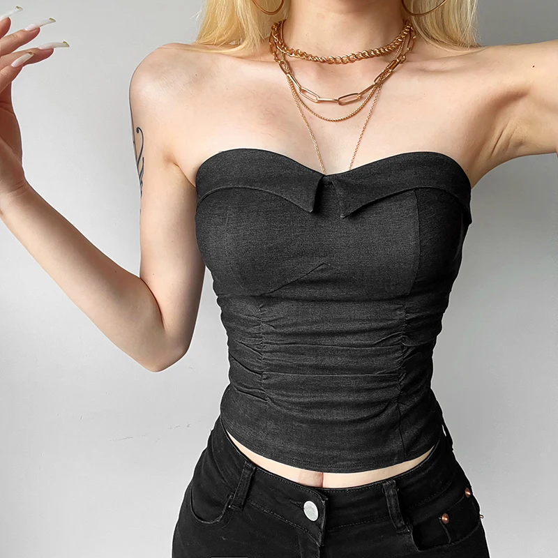 Sisjuly Street Style Pure Color Bridesmaid Top Women's Slim Fit Strapless Short Sleeveless Tummy Control Ruffle Design Polyes...