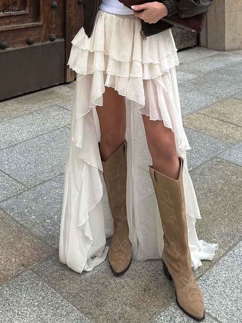 Oymimi Casual Apricot Loose Skirts For Women Fashion High Waisted Pleated Skirts Elegant Thin Floor-Length Skirt Female Clothing