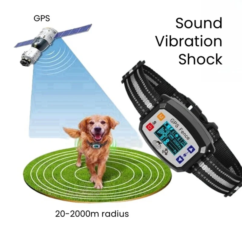 

Outdoor Smart GPS Fence Waterproof 2000M Radius Shock E Collar Electronic Enclosure Pet Training Equipment for Medium Large Dog