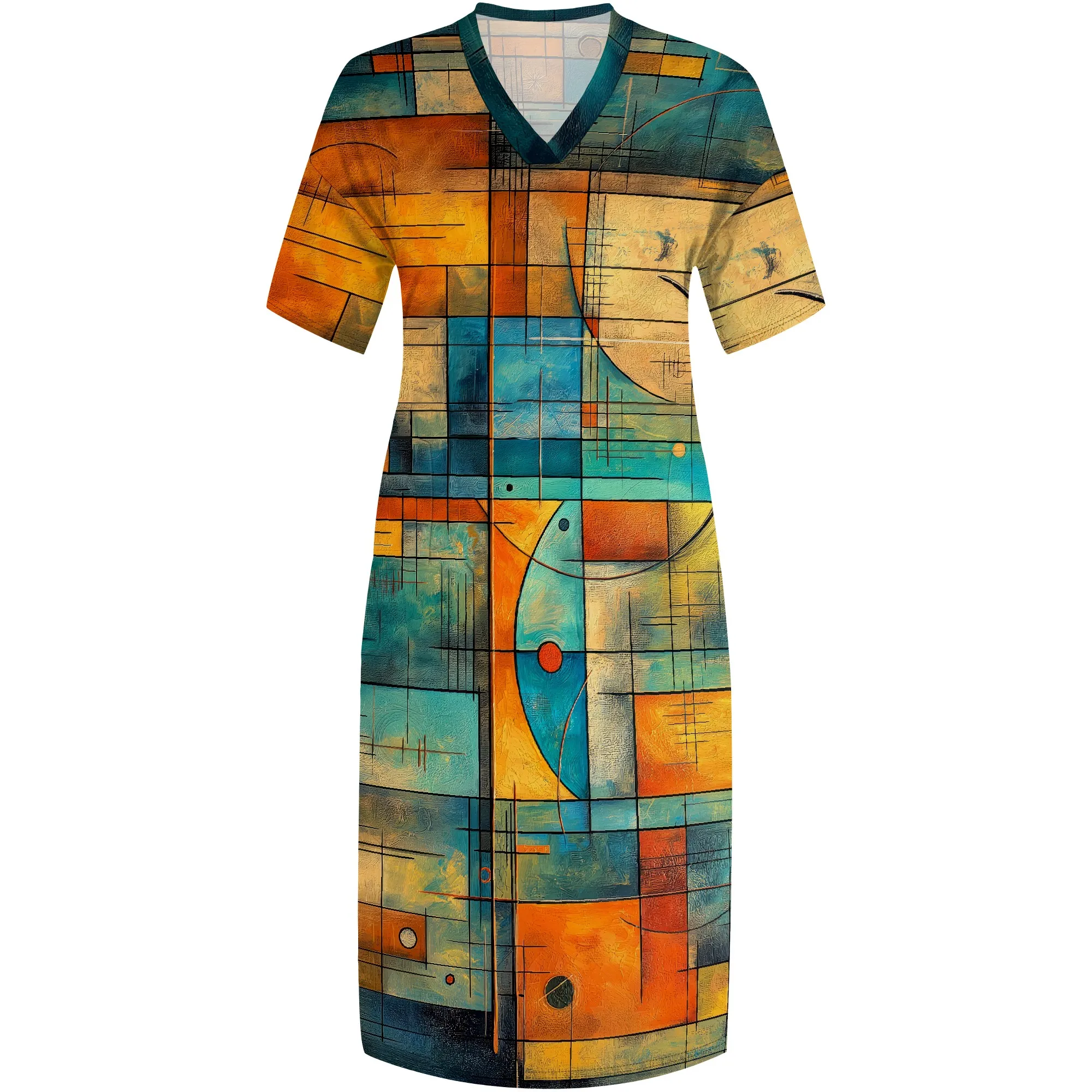 Nupusa jurk met geometrische lijnprint voor dames, grote maten zomer, casual midi-jurk met V-hals en korte mouwen