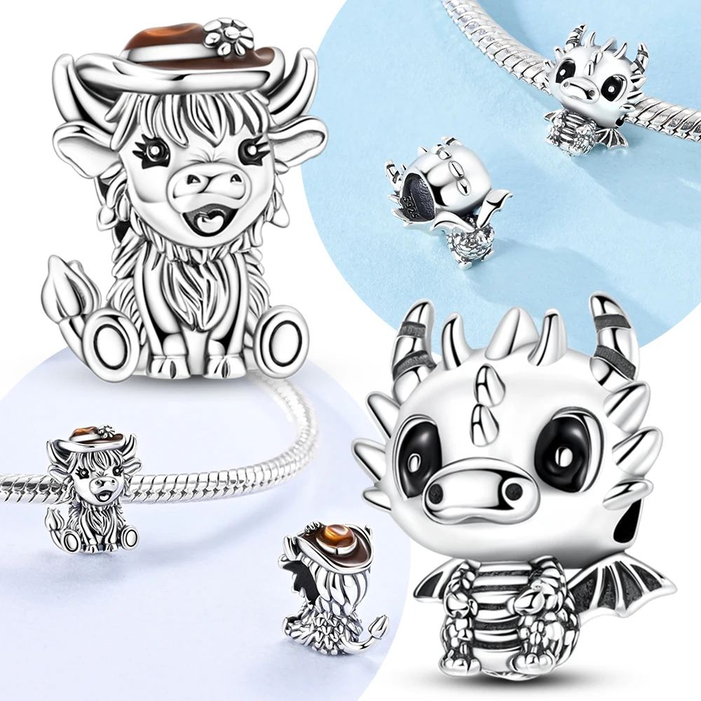 Breloque Petit Dragon Original en Argent Sterling 925, Perles pour Bracelets, Breloques pour Sacs et Porte-clés, Accessoire Cadeau DIY pour Femme, Design Brillant