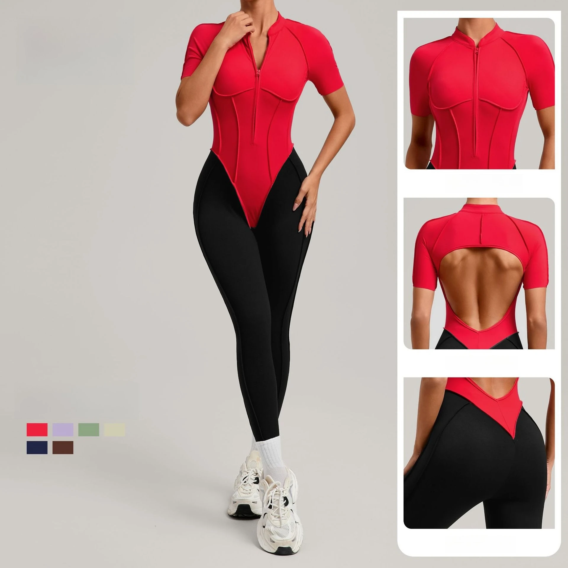 

Модные лоскутные спортивные облегающие комбинезоны на молнии с короткими рукавами, женские цельные наряды, сексуальные комбинезоны с открытой спиной для спортзала и фитнеса, одежда