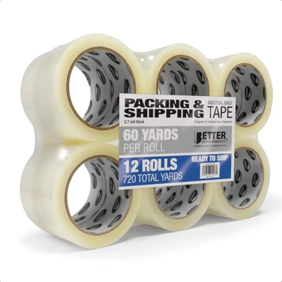 

12 упаковок прозрачной сверхмощной упаковочной ленты в рулонах, коммерческий промышленный класс, 2,7 мил, 1,88 дюйма x 60 ярдов в рулоне 72
