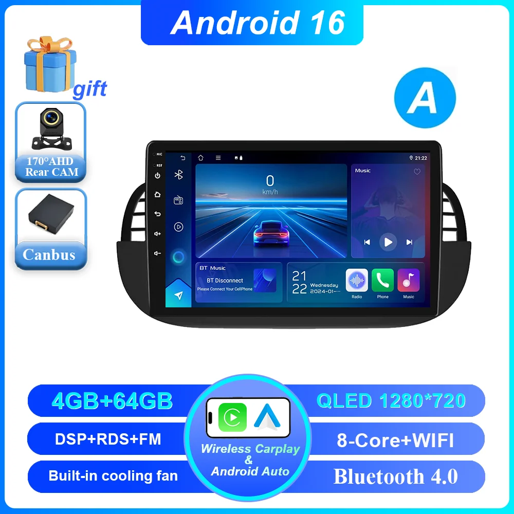 Auto DVD Android 16 Radio Stereo voor Fiat 500 2007-2015 Auto Multimedia Speler GPS Navigatie Hoofdunit Hoge-Prestatie CPU WIFI