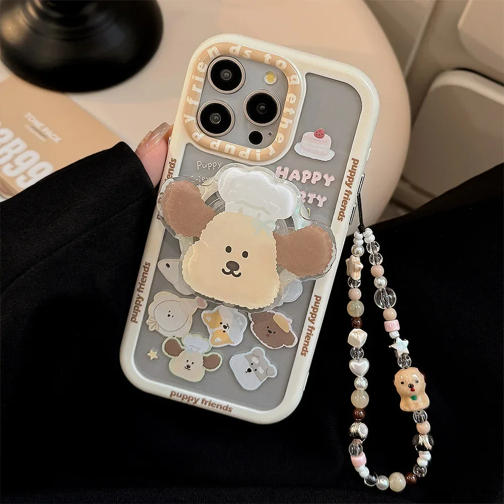 

Cute Cartoon Puppy Bracket Magnetic Phone Case For iPhone 16 15 14 13 12 11 Pro Max With Wrist Chain Clear Shockproof Hard Cover