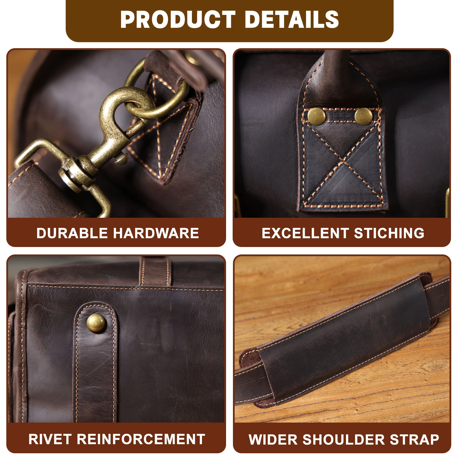 Vintage Echtleder-Reisetasche für Herren, Große Kapazität, Leder-Sporttasche, Klassischer Stil, Wochenendtasche, Übernachtungstasche – Detail 12