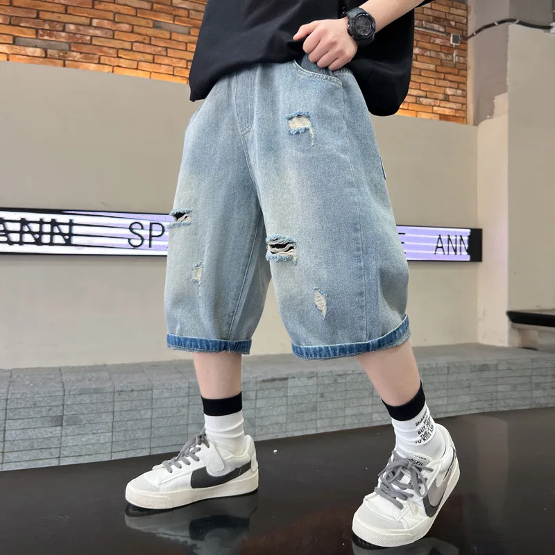 Baby Boy Pants Children Denim Shorts Boys Summer 2024 New Big Children Thin Five-point Pants Ripped Medium Pants Summer Dresses