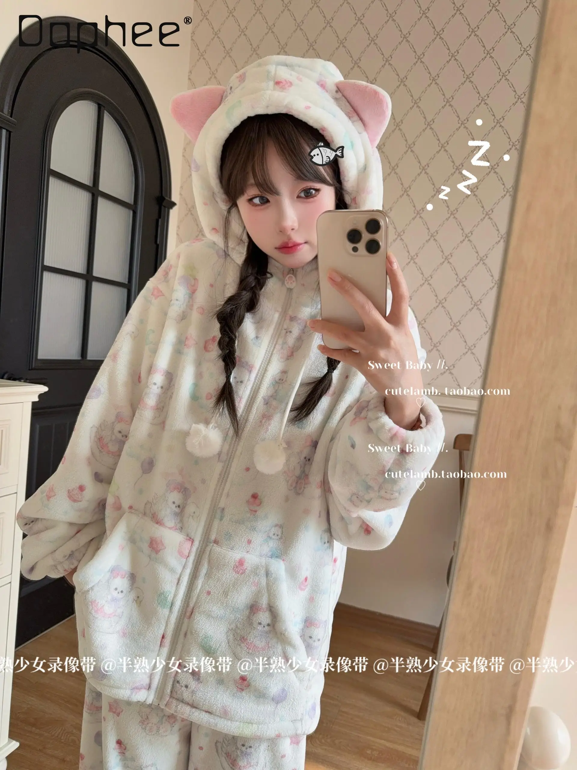 2025 New Hooded Pajamas Women Cat Ears Cute Flannel Long Sleeve Cartoon Print Zipper Sleepwear Soft Warm Japanese Home Clothing