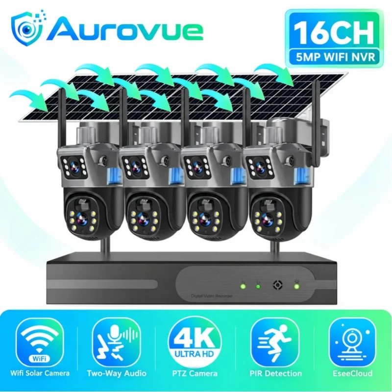8MP Solarbetriebenes Sicherheitskamerasystem mit 16-Kanal-5MP-NVR, Dual-Lens-PTZ-IP-Kameras, integriertem Akku, PIR-Bewegungserkennung, Sirenenalarm, Zwei-Wege-Audio, Farb-Nachtsicht,