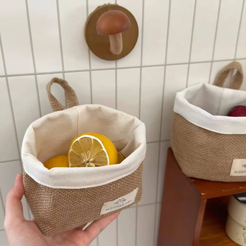 Baumwoll-Leinen Aufbewahrungskorb Wandhängende Tasche Faltbarer Desktop-Kosmetik-Stifthalter Stoff-Organizer Box Heimdekoration Familiennutzung