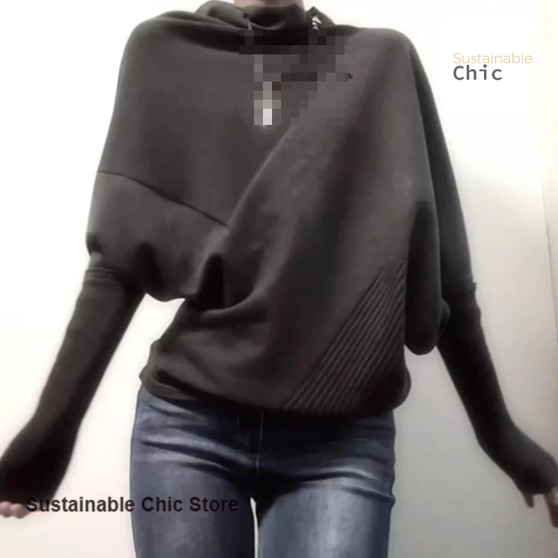 Korean-style dark gray pile collar long-sleeved sweater women's autumn and winter new retro loose irregular Bat sweater top