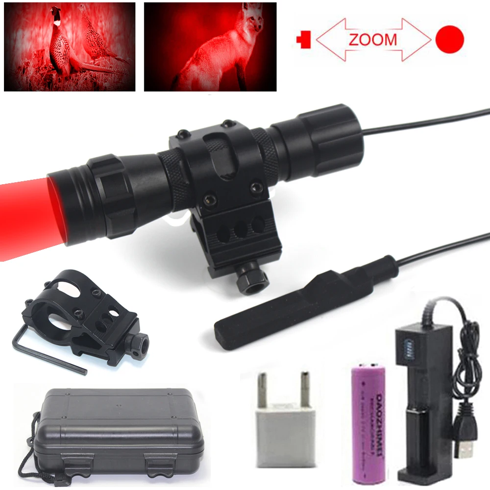 

350 YardsRed LED Tactical Flashlight Zoomable Torch Predator Waterproof Lamp Rifle Mount Hunting Light+Pressure Switch+Mount