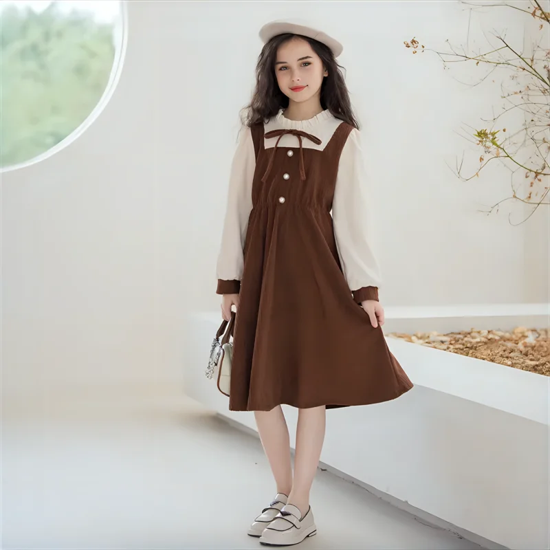 

Girls Princess Dress 2024 Autumn Fake Two-piece Ruffle School Teenage Children Clothes Corduroy Patchwork Kids Casual Dresses