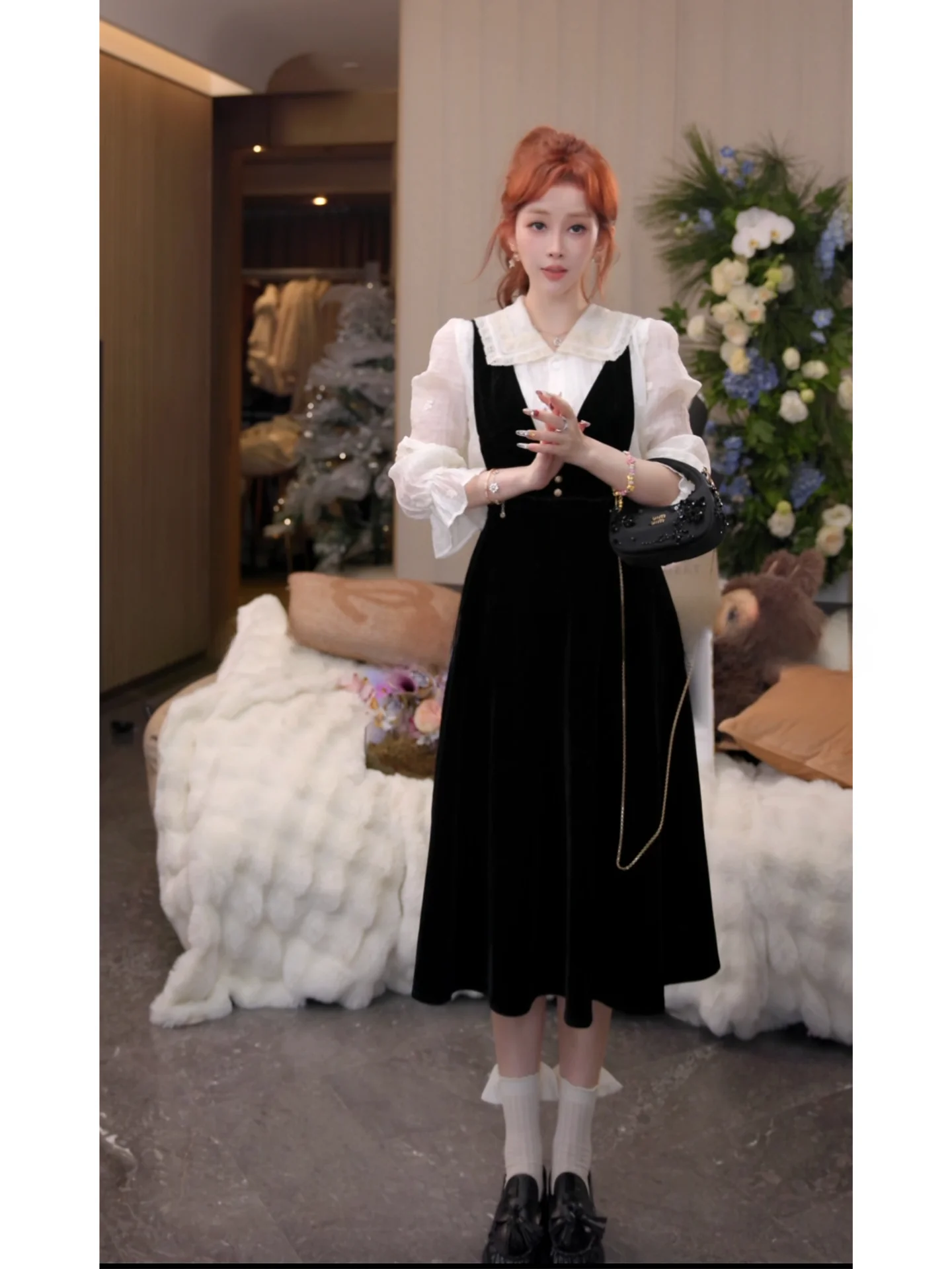 

Комплект из двух предметов Mimius: Женский модный костюм с кружевным воротником и бархатной юбкой для ранней весны, эффект стройности, в стиле Gentlewoman