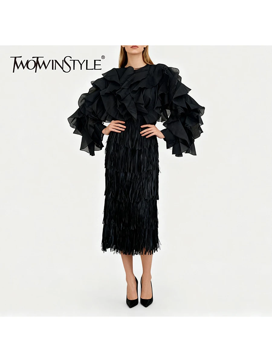

TWOTWINSTYLE Solid Two Piece Sets for Women O Neck Long Sleeves Spliced Fungus Top High Waist Patchwork Tassels Skirt Set Female