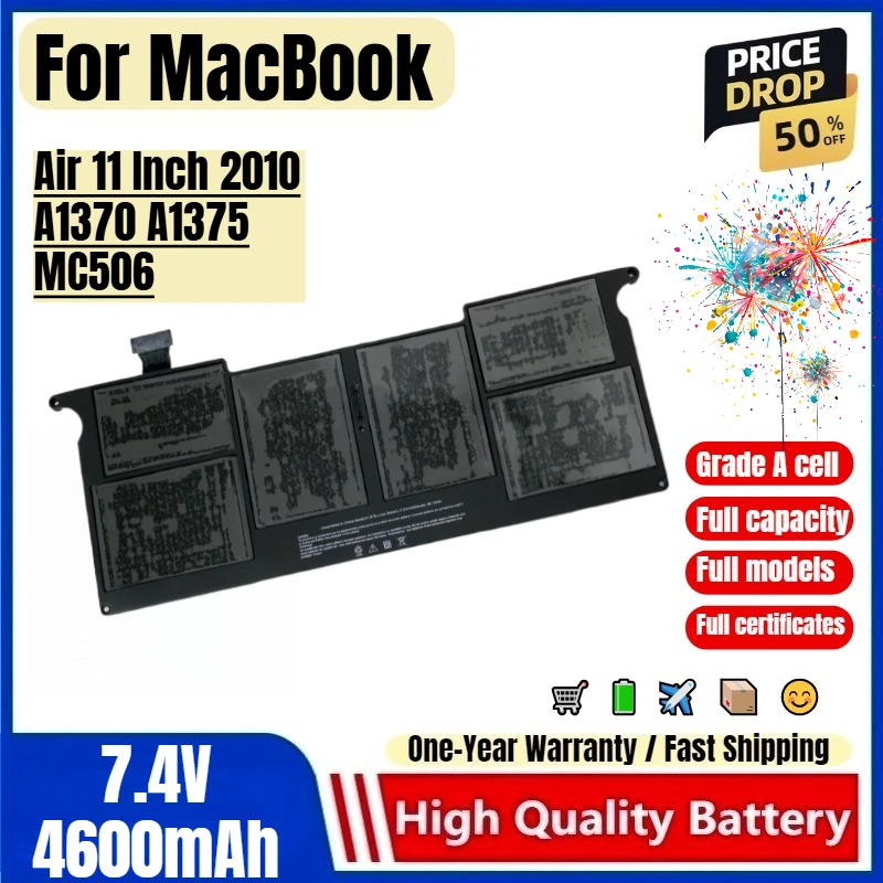 Batería de Repuesto para MacBook Air 11 Pulgadas 2010 A1370 A1375 MC506, 0 Ciclos, Alta Calidad y Capacidad