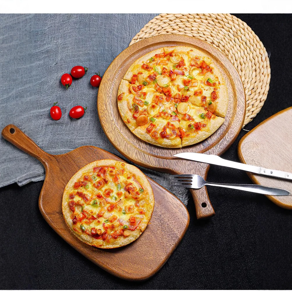 Japanese Style Solid Wood Pizza Board, Round Wooden Serving Tray for Sushi, Bread, Steak, and Cake