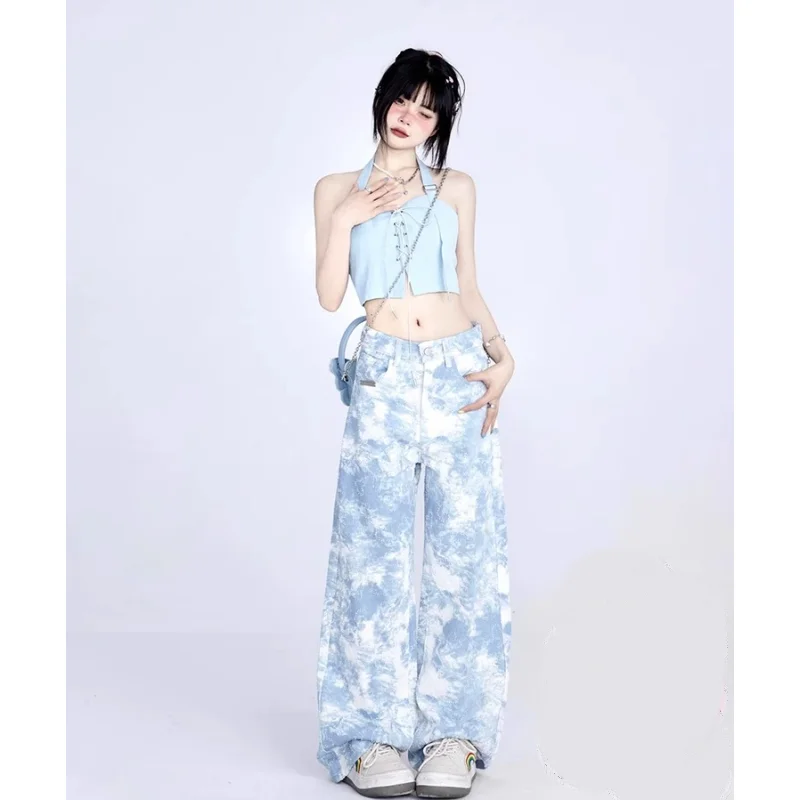 Blue Jeans Women Sky Blue Tie-dyed High Waist Wide Leg Pant Female Y2K Fashion Pant Autumn Harajuku Straight Trouser Color Block