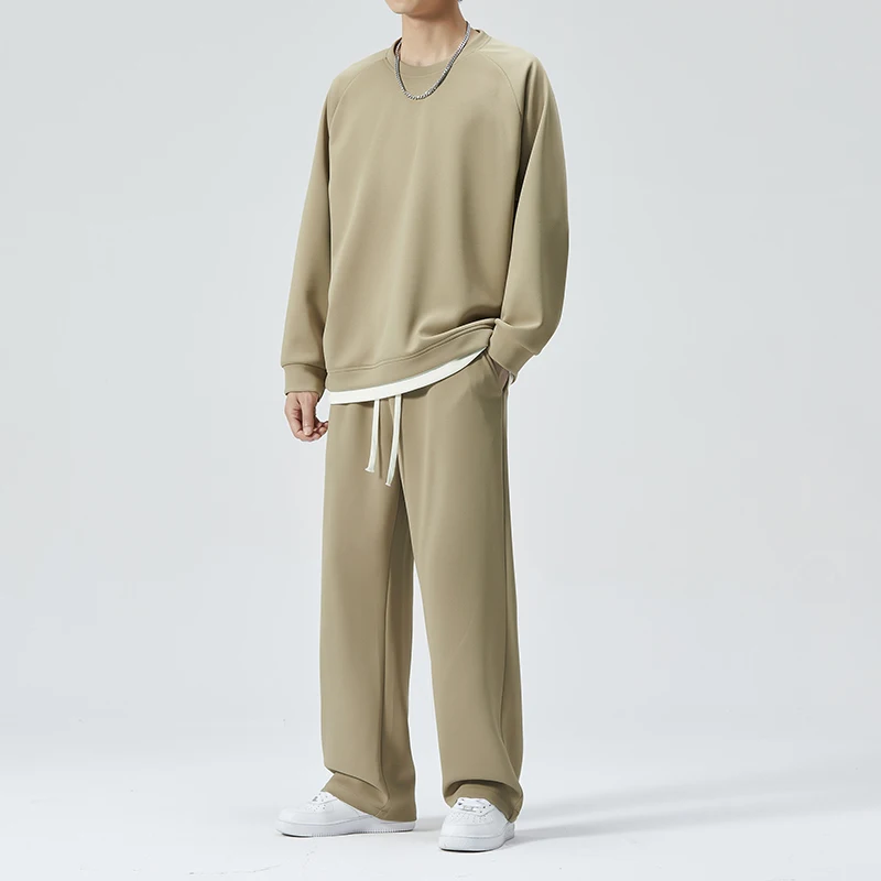 New Korean Spring And Autumn Leisure Sports Suit Men'S Trendy Fashion Versatile Solid Color Round Neck Hoodie Two Piece Set