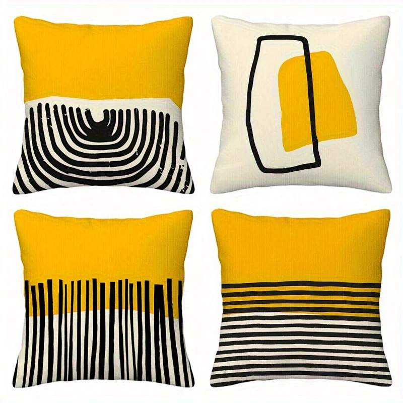 4 Piece Abstract Geometric Pillow Covers Set Yellow Black Modern Stripe Throw Cushion Decor for Living Room Sofa Home Accent