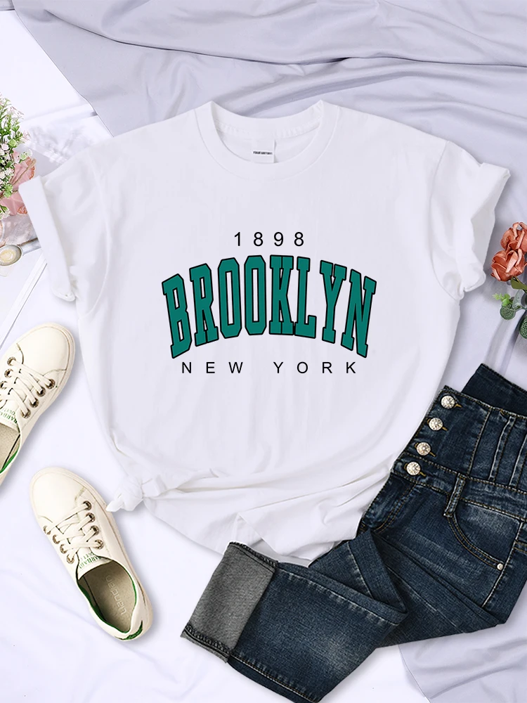 1898 Brooklyn New York Print Womens Short Sleeve Vintage Fashion Casual T-Shirts All-math Crewneck Breathable Female Clothing