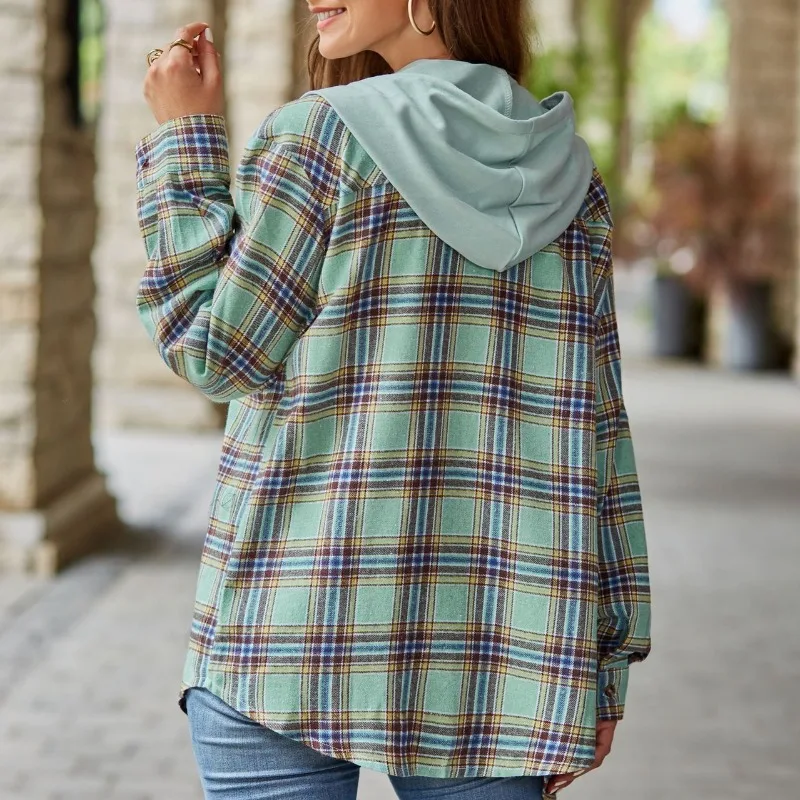 Spring and Autumn Women's Cardigan Hooded Pocket Button Striped Plaid Shirt Sweater Fashion Office Lady Casual Coat Tops