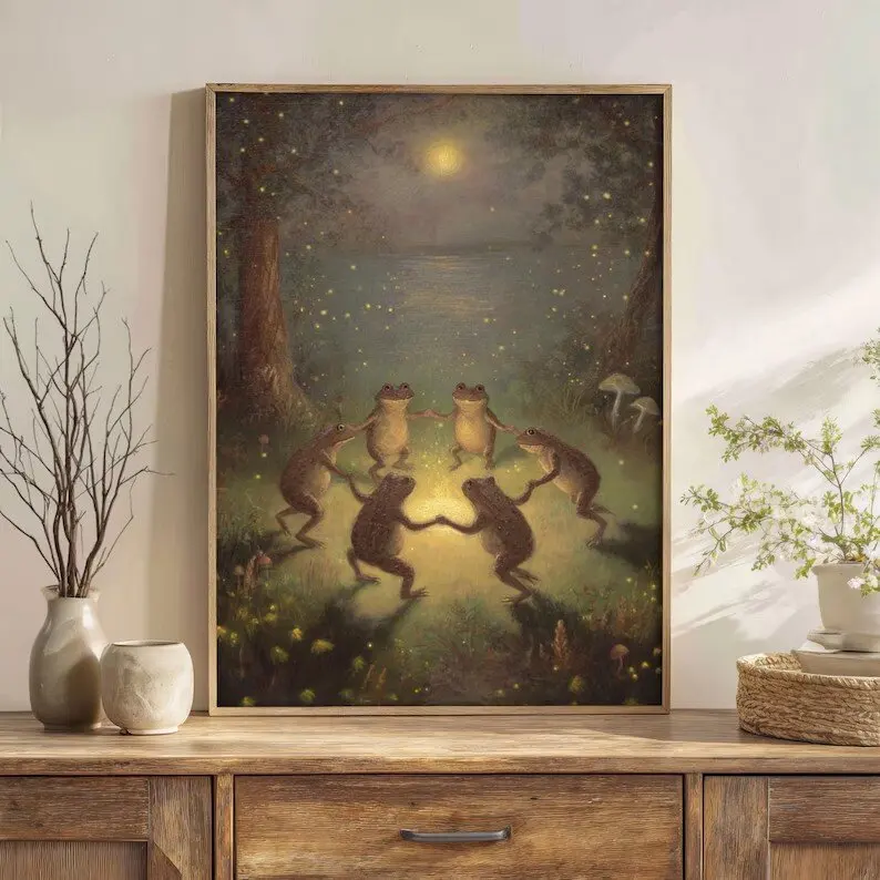 Dancing Frogs Prints Wall Poster Art | Whimsical Woodland Animal Painting, Cottagecore Forest Decor Frameless Canvas Poster