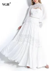 VGH Embroidery Spliced Sheer Mesh Dresses For Women Round Neck Lantern Sleeve High Waist Patchwork Lace Casual Dress Female New