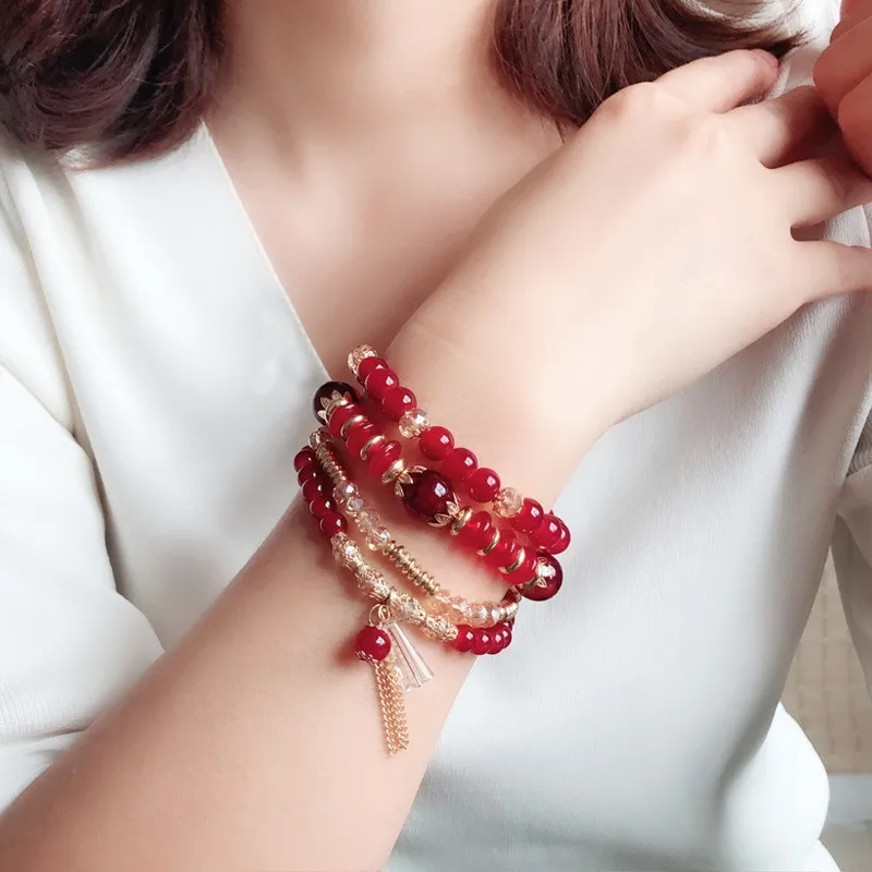 4 Pieces/Set Bohemian Crystal Tassel Multi-Layer Elastic Rope Bracelet, Handmade Beaded Bracelet, Women's Fashion Accessories