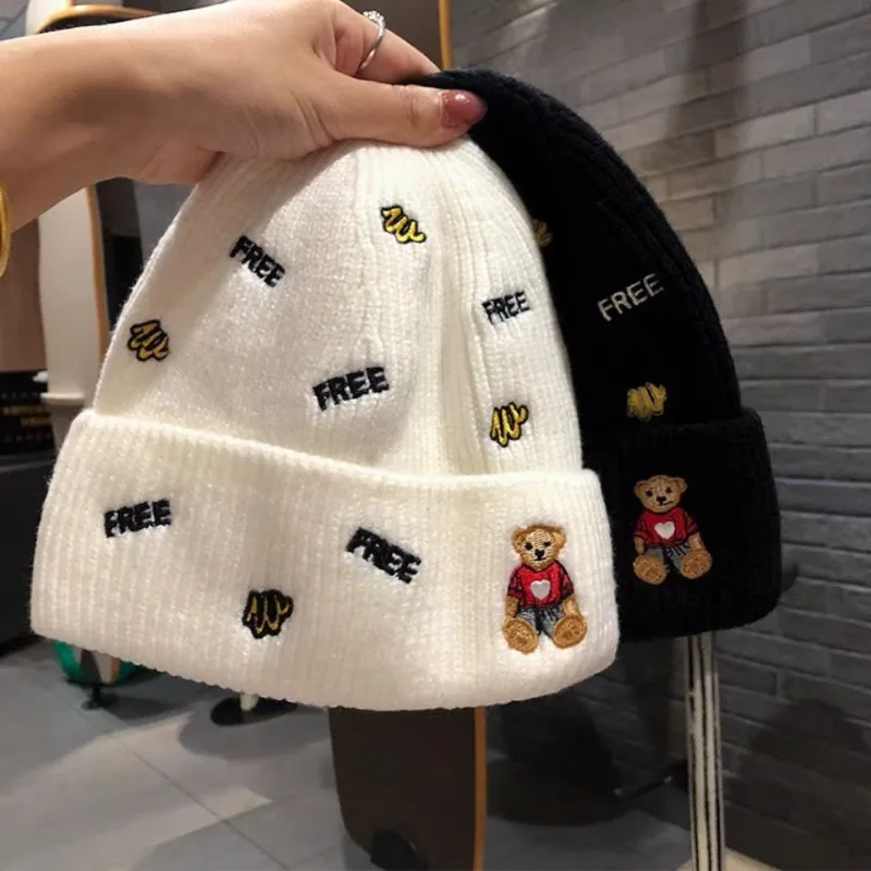 Knitted Pullover Beanie Hat Protective Cartoon Embroidered Letter Parent Child Versatile Cap for Cool Autumn Daily Wear