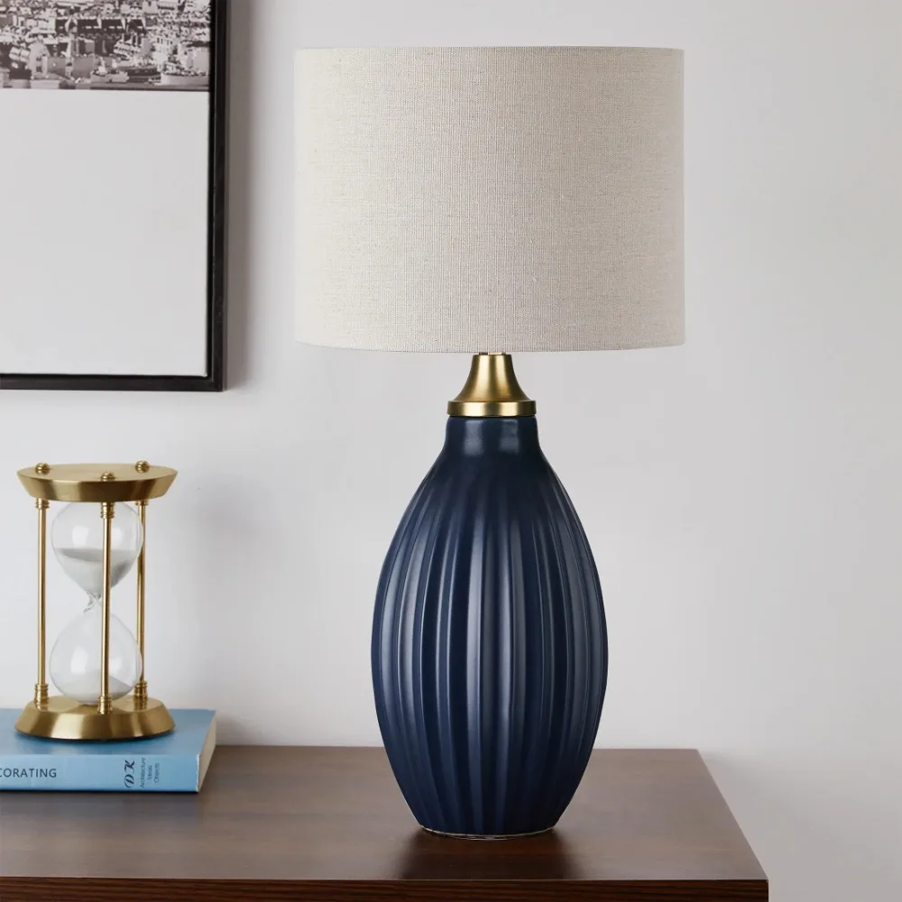 

13.5" Blue Ribbed Ceramic Lamp Base,Perfect for Entryways Consoles Side Tables Mantels