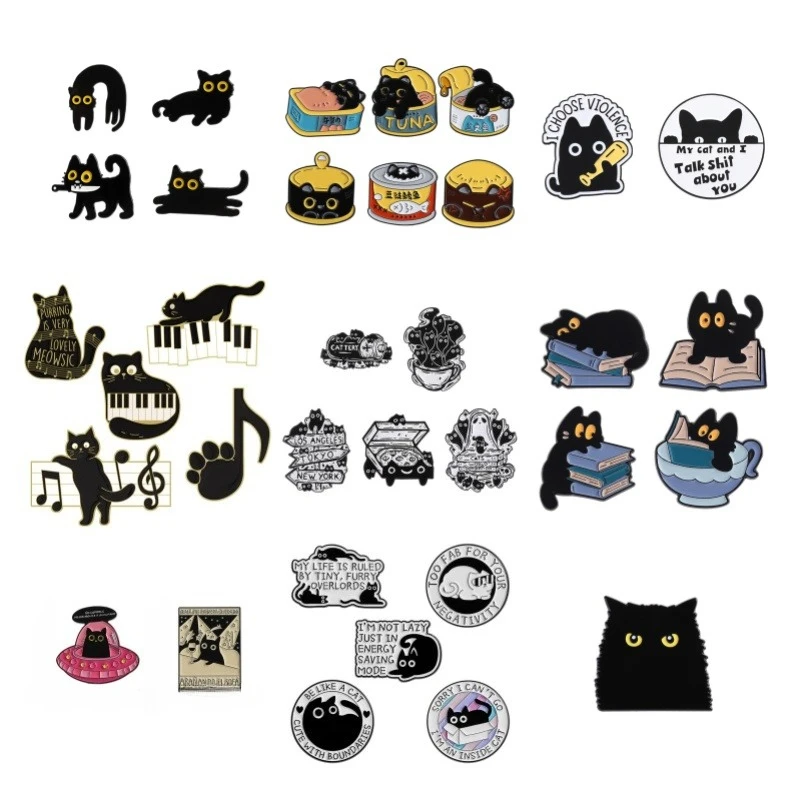 1-6pcs Cartoon Black Cat Enamel Pins Fluid Big Eyes Kitten Cute Animal Brooches Lapel Badge fashion Jewelry Gifs For Cat Lovers