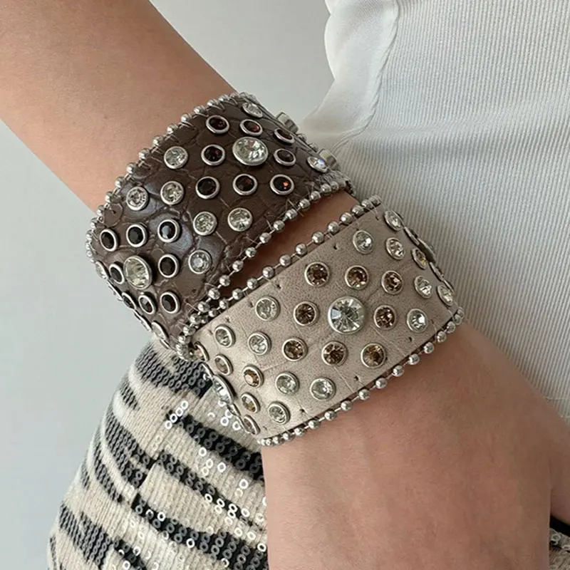 Punk hip-hop strass pulseira retro ocidental wasteland hottie pulseira de pressão de couro para mulheres y2k jóias huanzhi 2025 novo