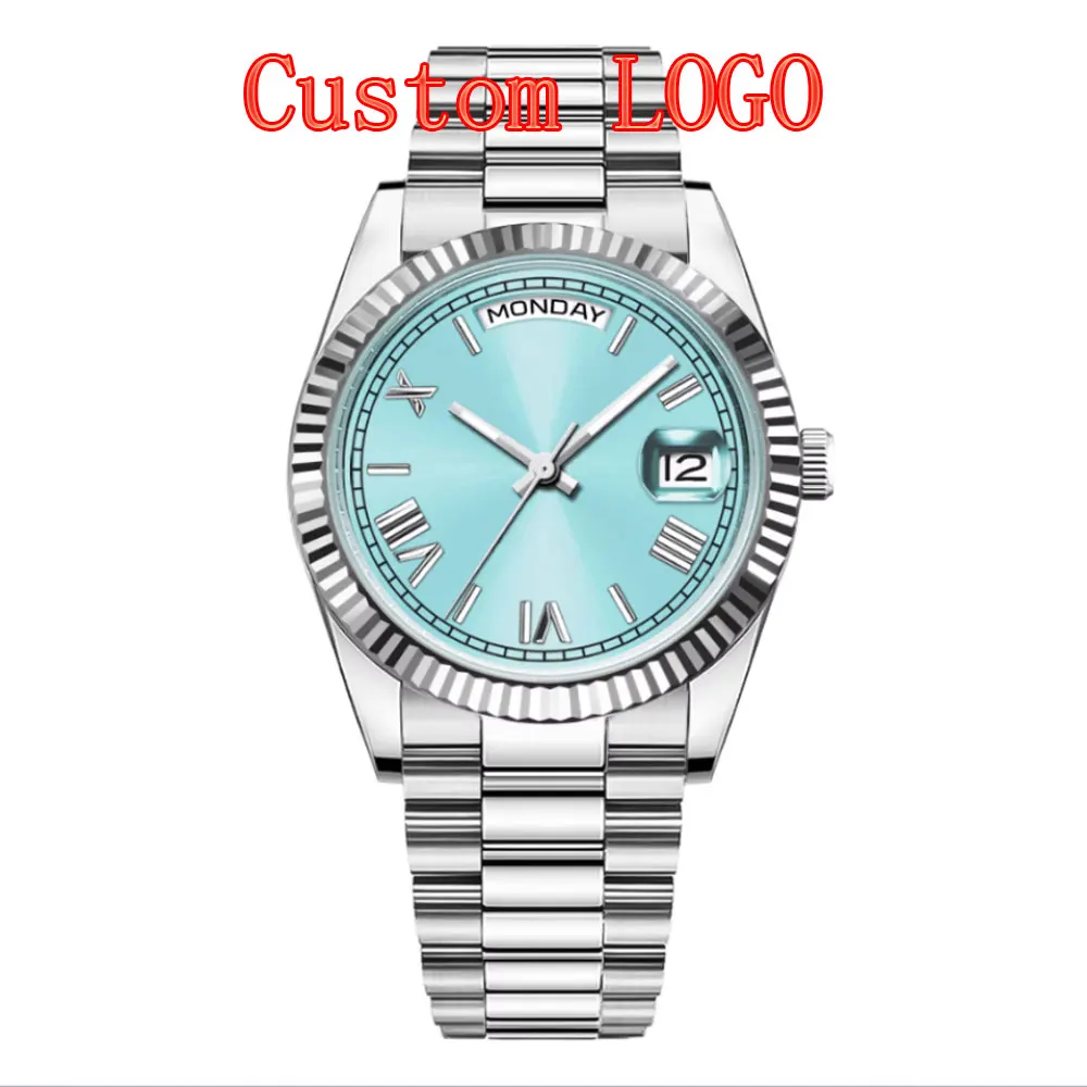 39mm Men's Watch Custom LOGO Automatic NH36 Movement Sapphire Crystal Date Dual Calendar Mechanical Wristwatch President Strap