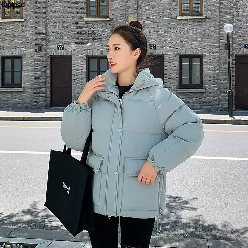 New Winter Women\'s Stand Collar Hooded Warm Parka Jackets Solid Big Pocket Button Ladies Zipper Loose Cotton Coat Winter Jacket