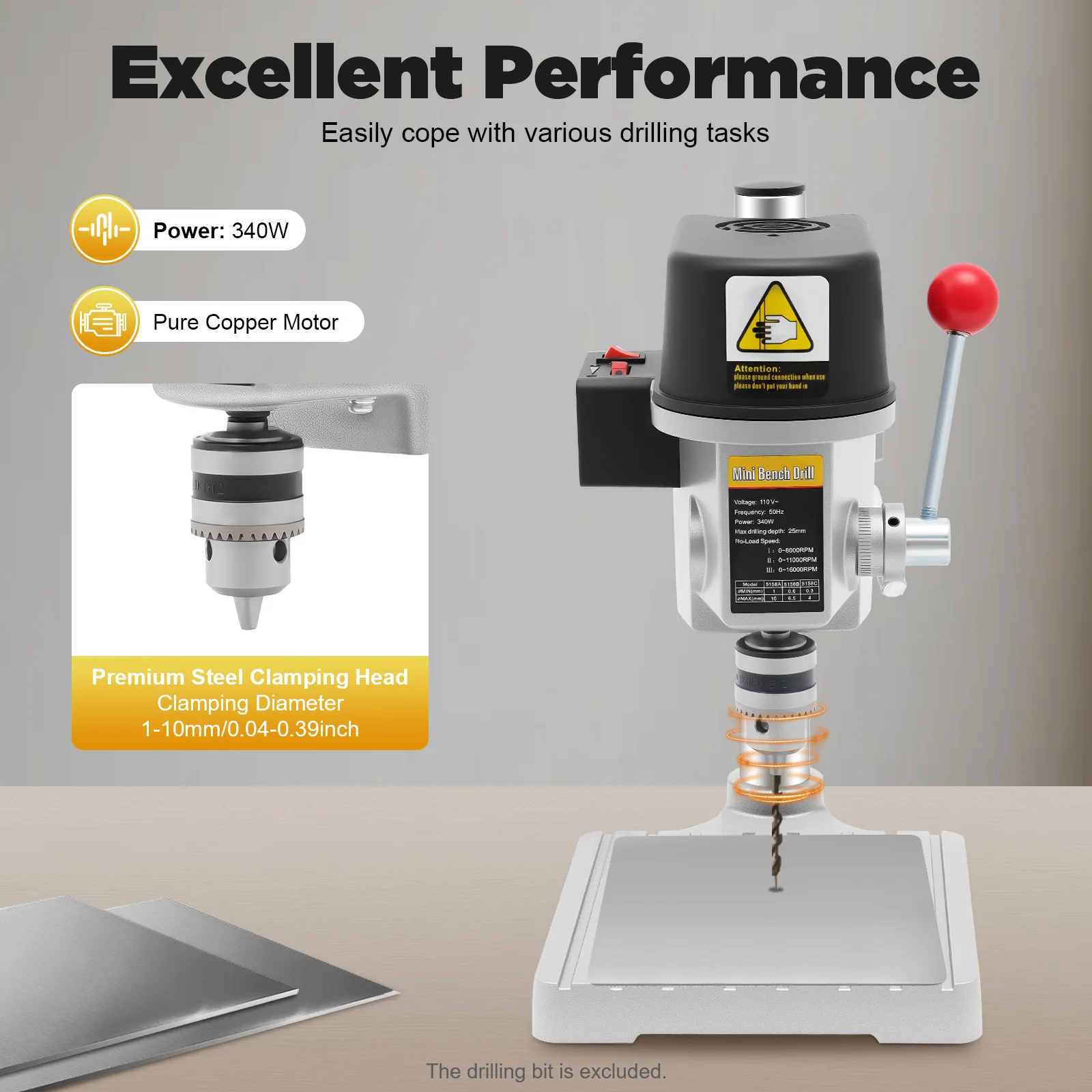 

340W Portable Bench Drill Machine 30cm Mini Bench Drill Press 110V Corded Mini Table Drill