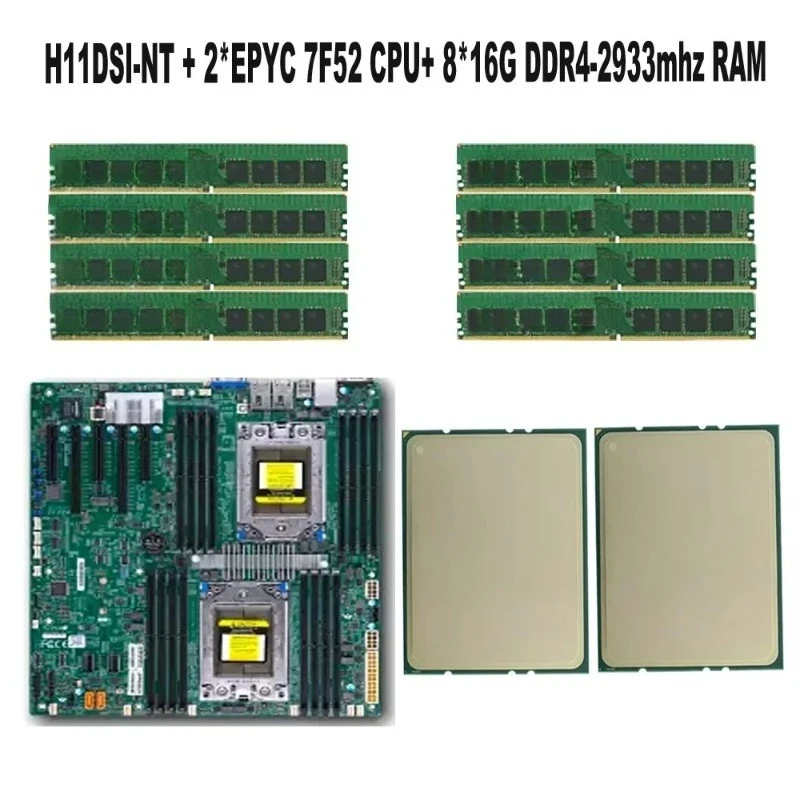 

For Supermicro H11DSI-NT Motherboard SP3 Cooler / 2* EPYC 7F52 16C/32T CPU Processor / 8* 16GB =128GB DDR4 2933mhz RAM Memory