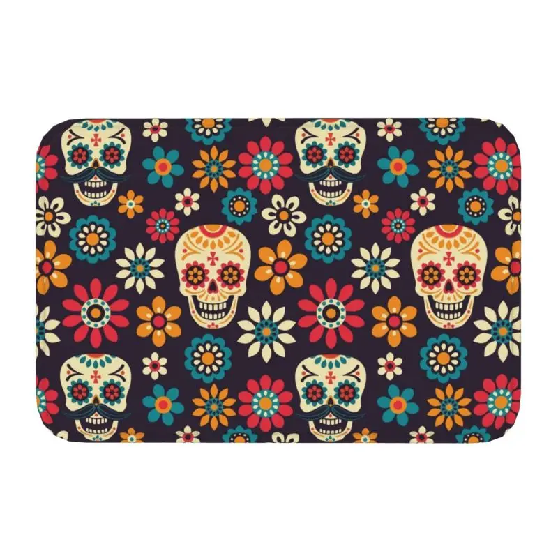 Day Of The Dead Pattern Front Door Mat Anti-Slip Indoor Quick Dry Sugar Skull Santa Muerte Doormat Floor Entrance Rug Carpet