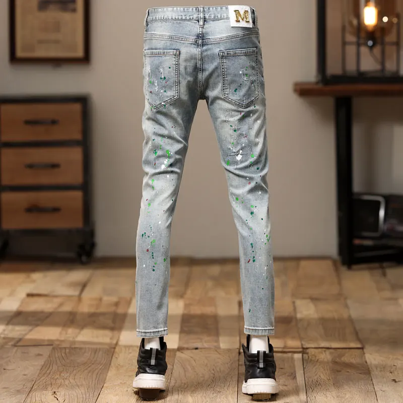 Street Fashion Men Jeans Retro Washed Blue Stretch Slim Fit Printed Ripped Jeans Men Painted Designer Hip Hop Denim Pencil Pants
