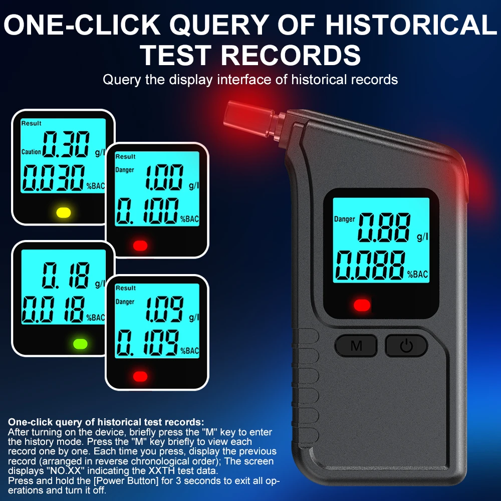 جهاز اختبار الكحول المحمول MR1107 مع شاشة LED، جهاز اختبار شرب كحول التنفس الاحترافي للاستخدام الاحترافي الخاص في السيارة في المنزل