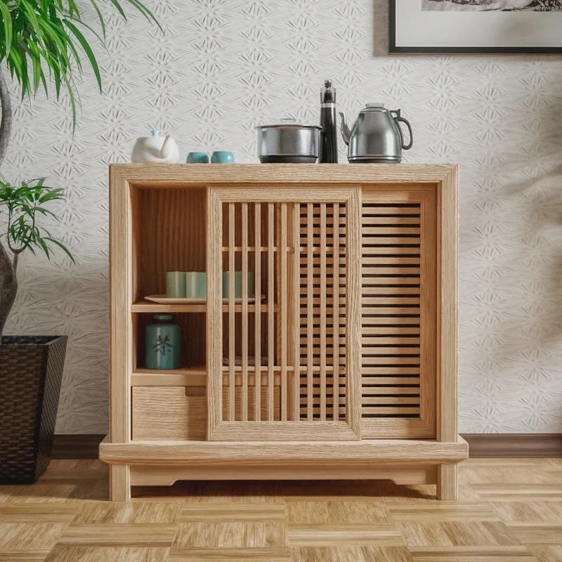 Log color tea cabinet, solid wood boiling water mobile tea table, all solid wood light luxury cooking