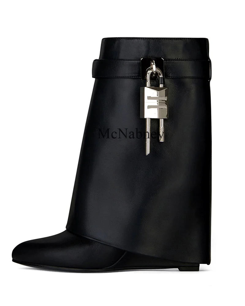 

Sexy Style Mid-Calf Round Toe Metal Lock Buckle Women Boots Wedge High Heels Slip On Design Fashionable And Versatile Shoes
